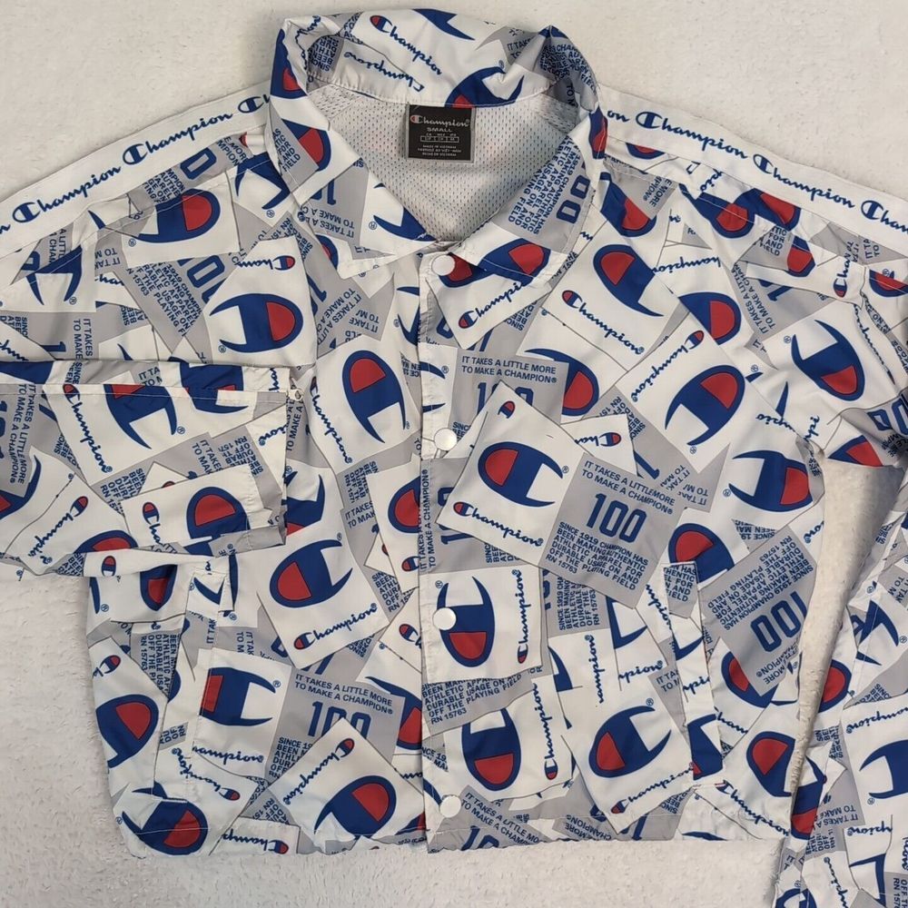 Champion Women's Sm White Multi "100" Zip Sleeve Cropped Jacket All Over Champio